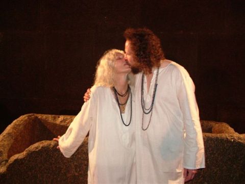 Robert Schoch and Colette Dowell kissing during their wedding ceremony in the King's Chamber in side the Great Pyramid